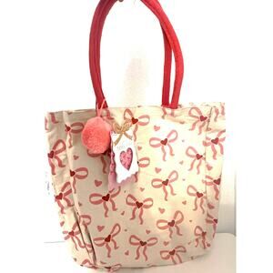 Pink Bow Pattern Canvas Tote Bag BEACH, Grocery Tote, w/ Bag Charm